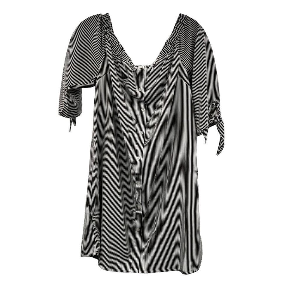 Almost Famous Button Up 3/4 Tie Sleeve Off Shoulder Dress Black/White Stripe L